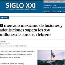 El mercado mexicano de fusiones y adquisiciones supera los 950 millones de euros en febrero